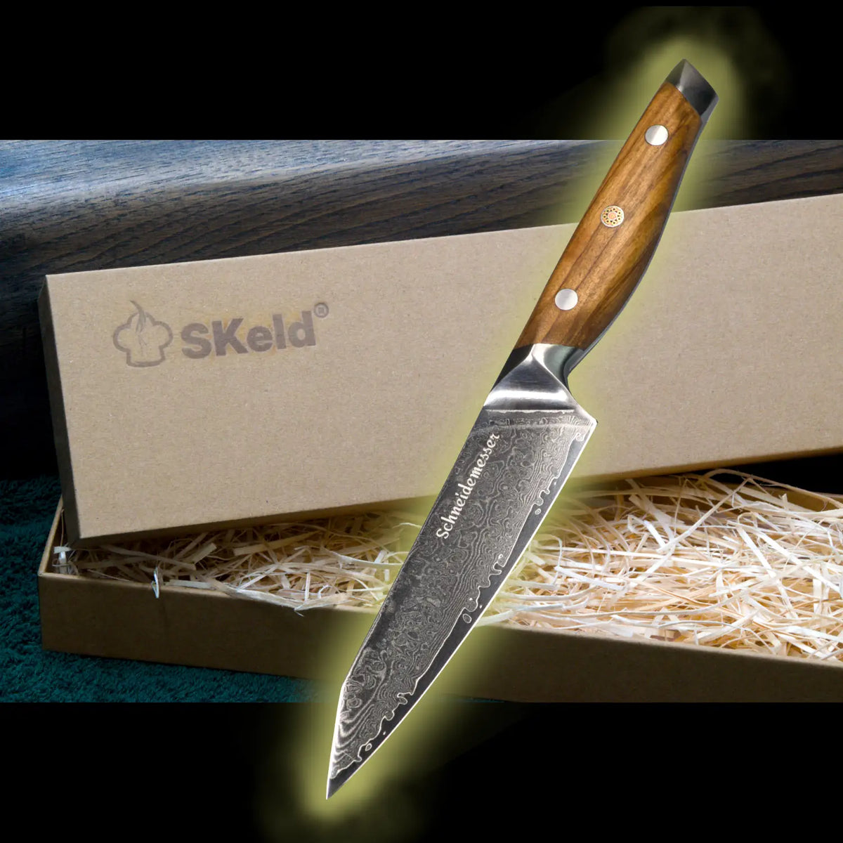Couteau polyvalent Damas 12 cm – Bois d'olivier | SKeld®