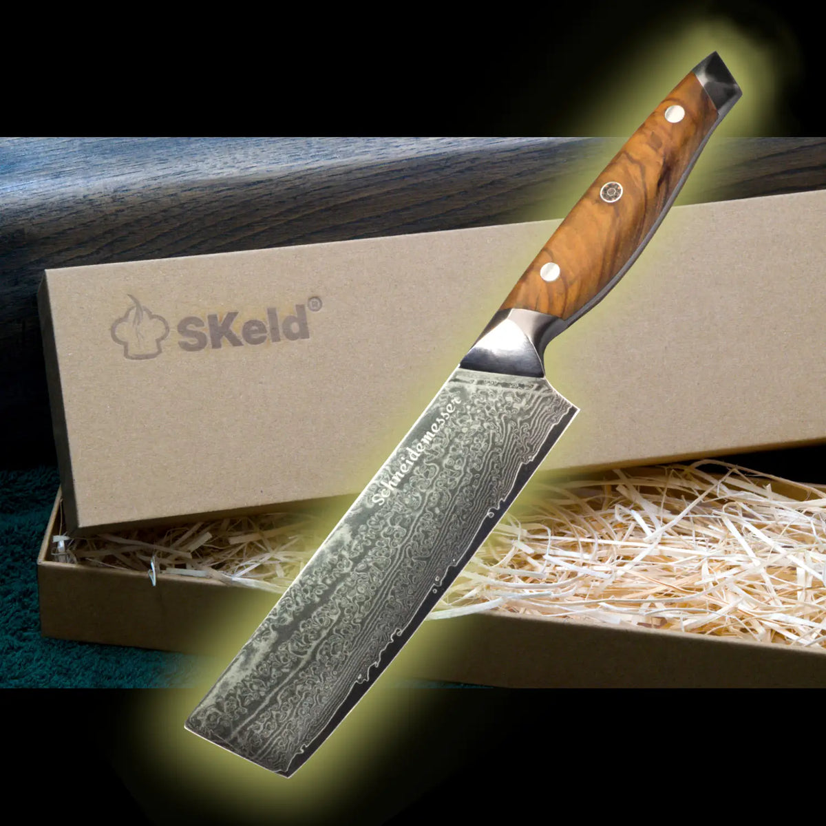 Damast Nakirimesser 17 cm – Olivenholz | SKeld®