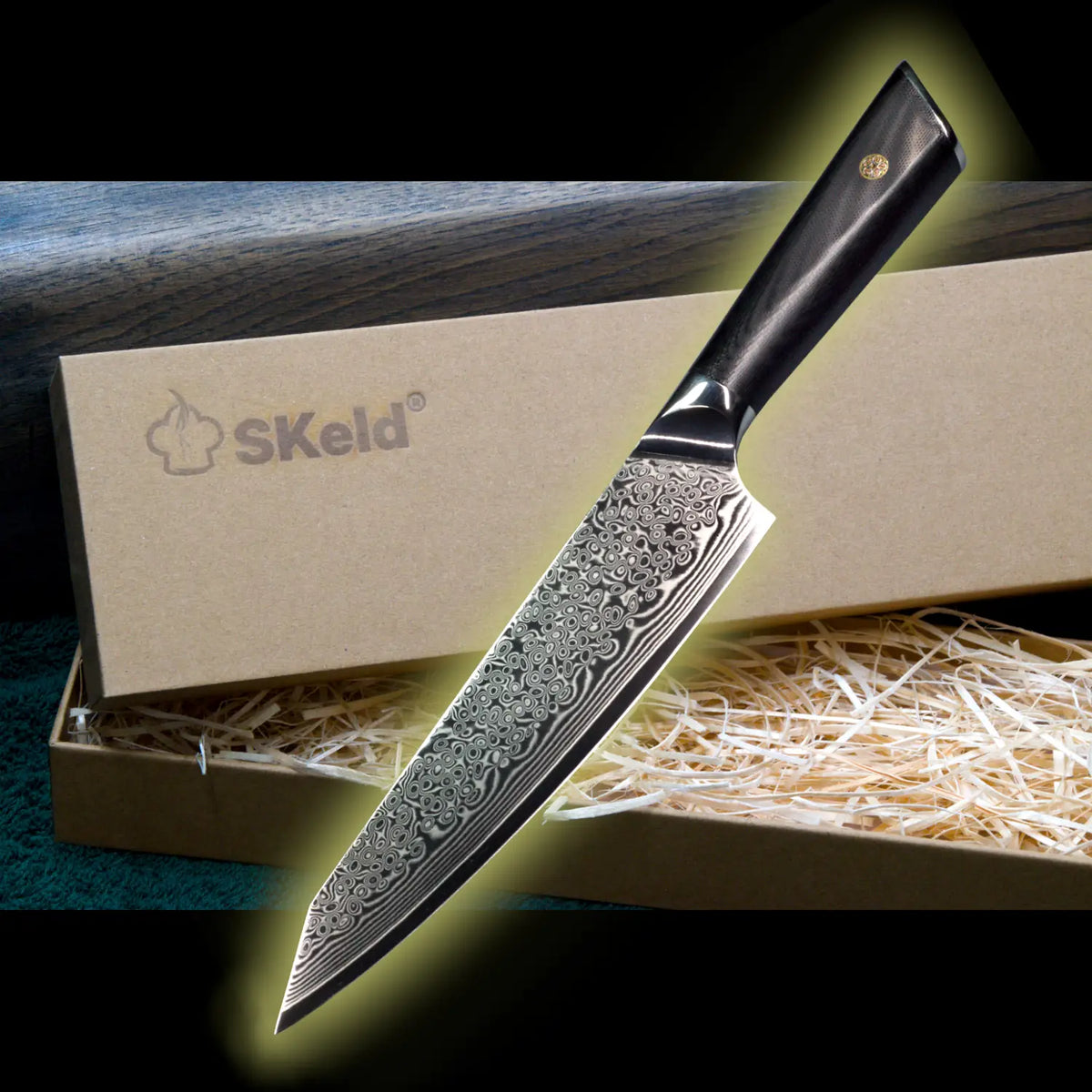 Couteau de cuisine en damas 20 cm – Manche G10 | SKeld®