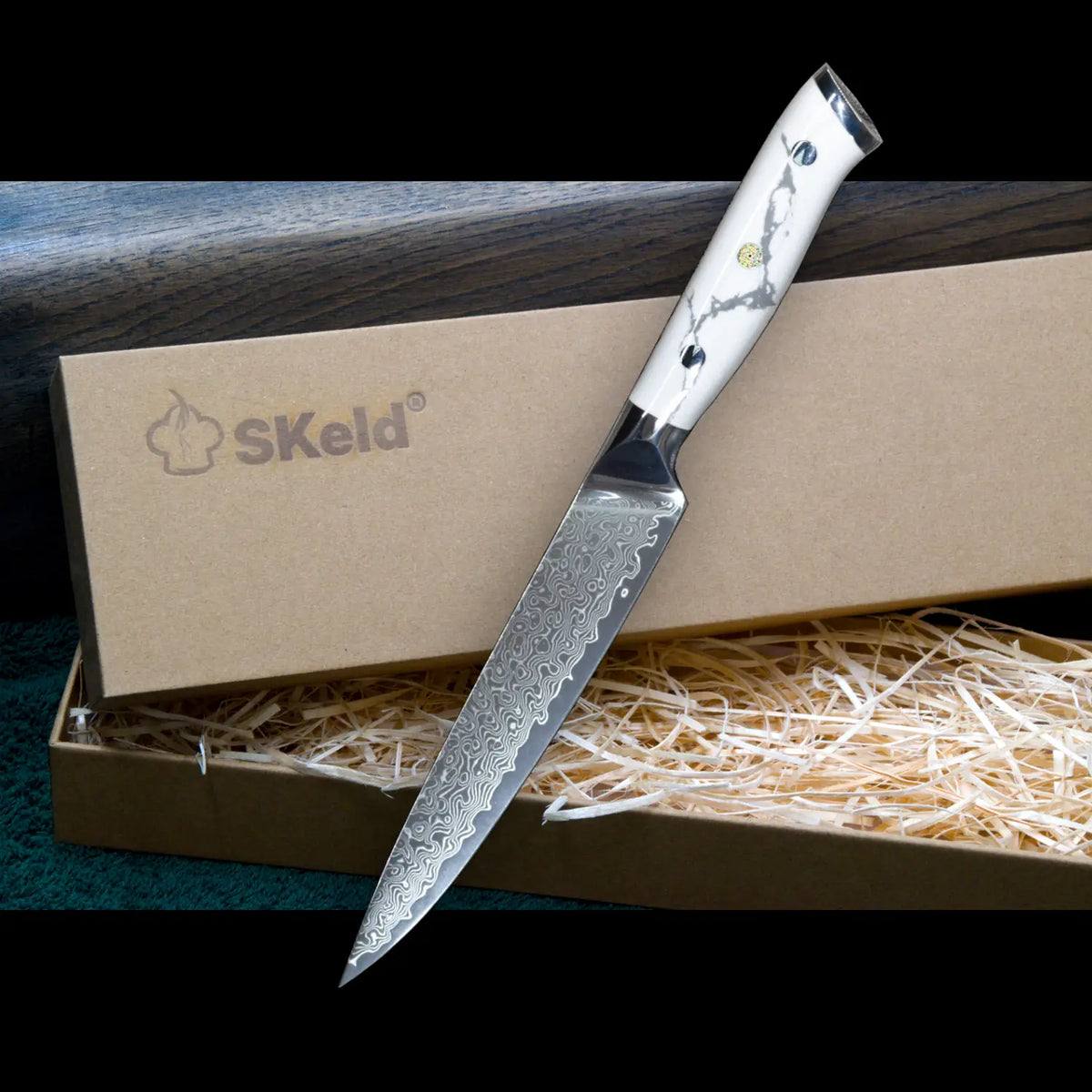 Damast Utility Knife, 15 cm - White Howlite Handle | SKeld®