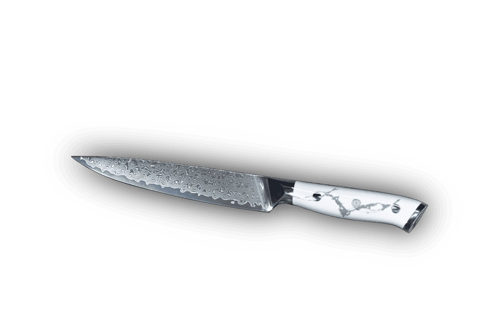 SKeld Damast Allzweckmesser 15 cm mit weißem Howlith Mineralgriff und silberfarbener Damastklinge