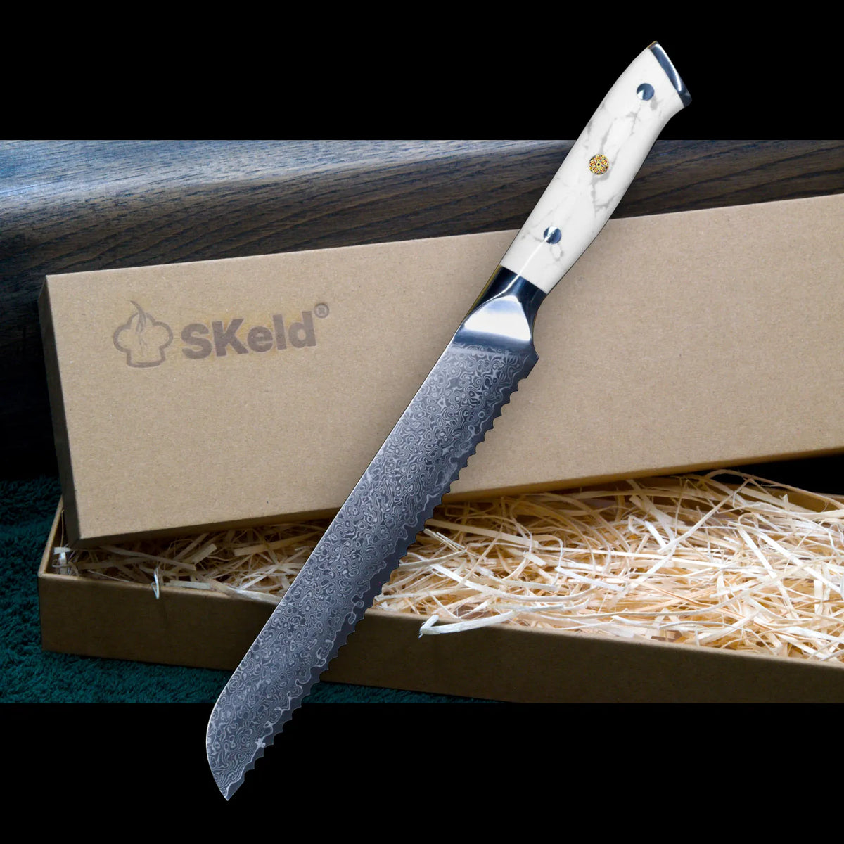 Couteau à pain Damast 21 cm - Manche en howlite blanche | SKeld®