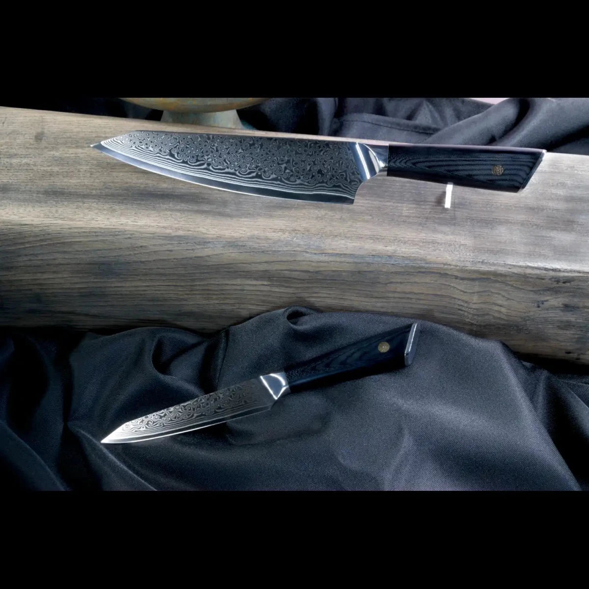 2er Damastmesser: Kiritsuke & 13 cm Allzweckmesser, VG10-Kernstahl, 67 Lagen, schwarzer G10-Griff