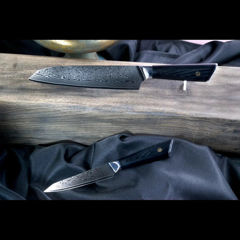 2er Damastmesser: Santoku & 13 cm Allzweckmesser, VG10-Kernstahl, 67 Lagen, schwarzer G10-Griff