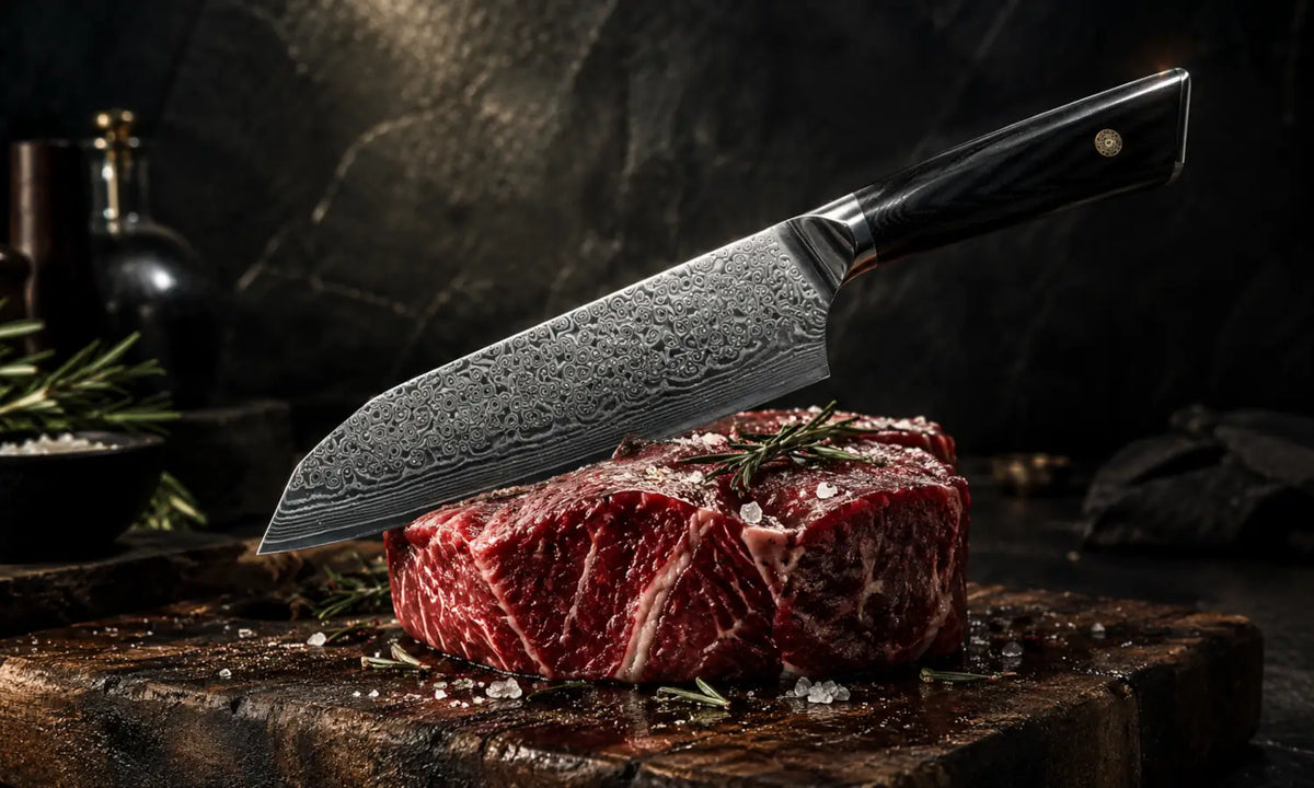 Couteau Santoku SKeld® en acier damassé, avec manche ergonomique noir G10 et lame damassée caractéristique