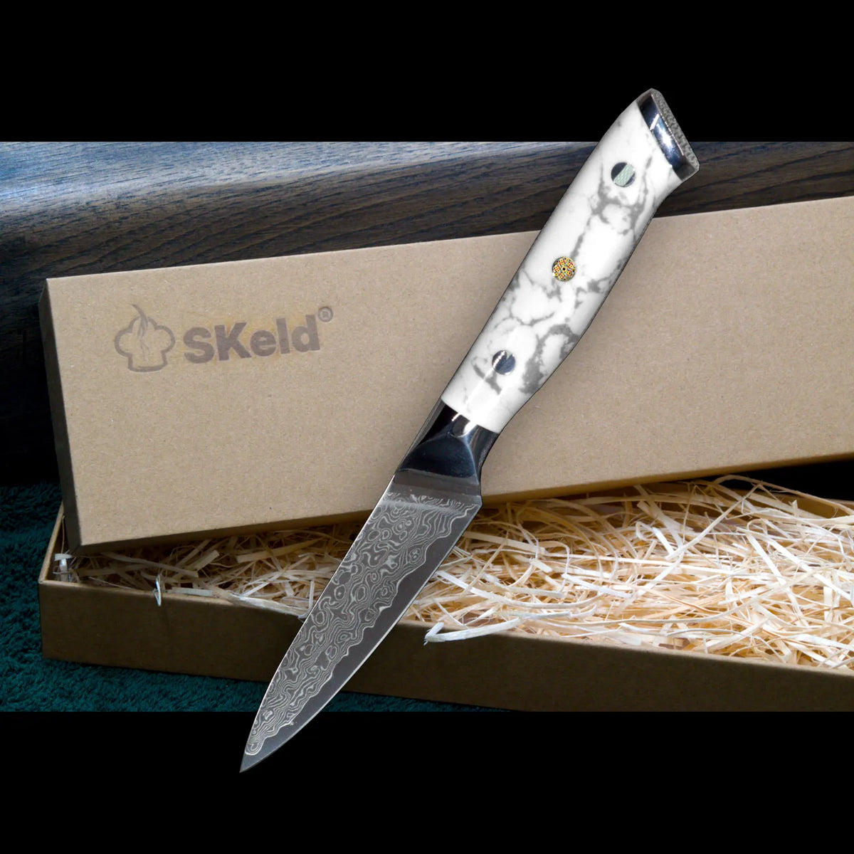 Couteau à légumes Damas 9,5 cm – Manche en howlith | SKeld®