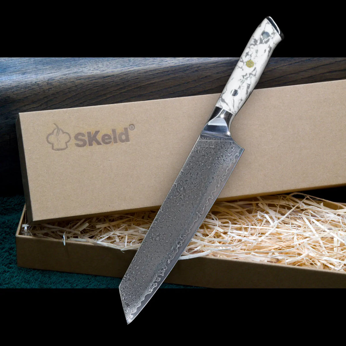 Couteau Kiritsuke en damas, 21 cm - Manche en howlite blanche | SKeld®