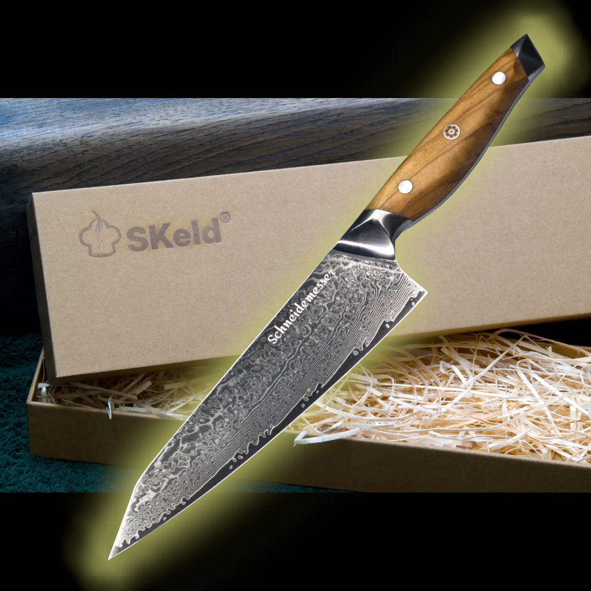 Couteau Kiritsuke en damas, 20 cm – Bois d'olivier | SKeld®