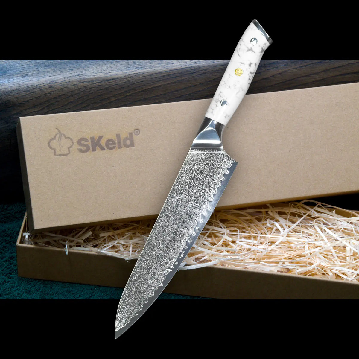 Damascus Chef's Knife, 21 cm - White Howlite Handle | SKeld®