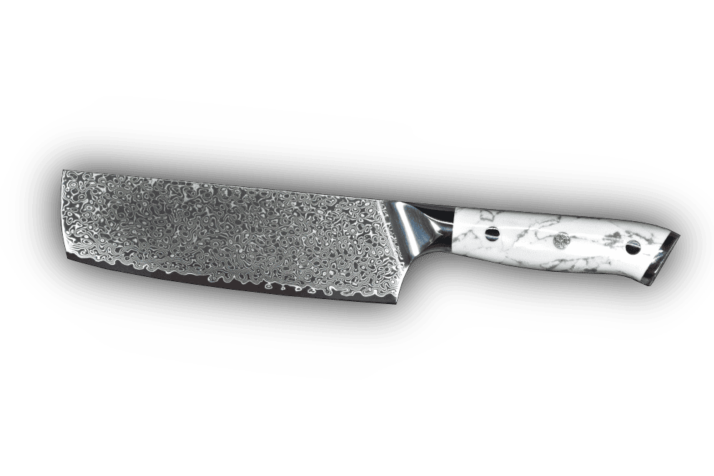 Damast Nakirimesser 17 cm mit weißem Howlith-Mineralgriff und silberfarbener Damastklinge