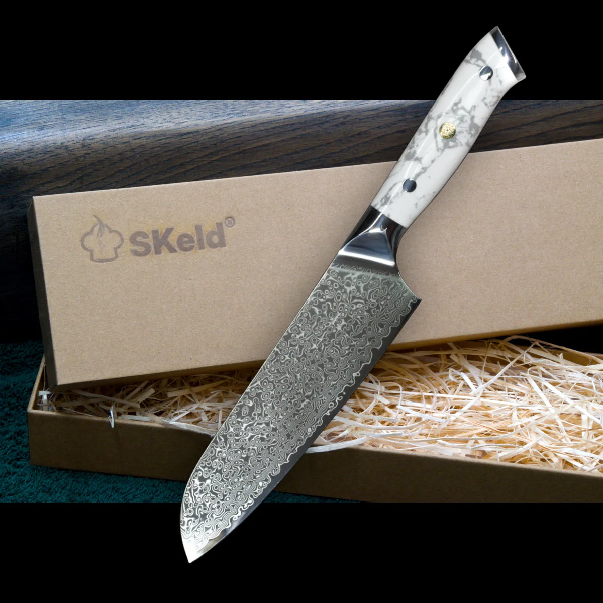 Couteau Santoku en damas, 18 cm - Manche en howlite blanche | SKeld®