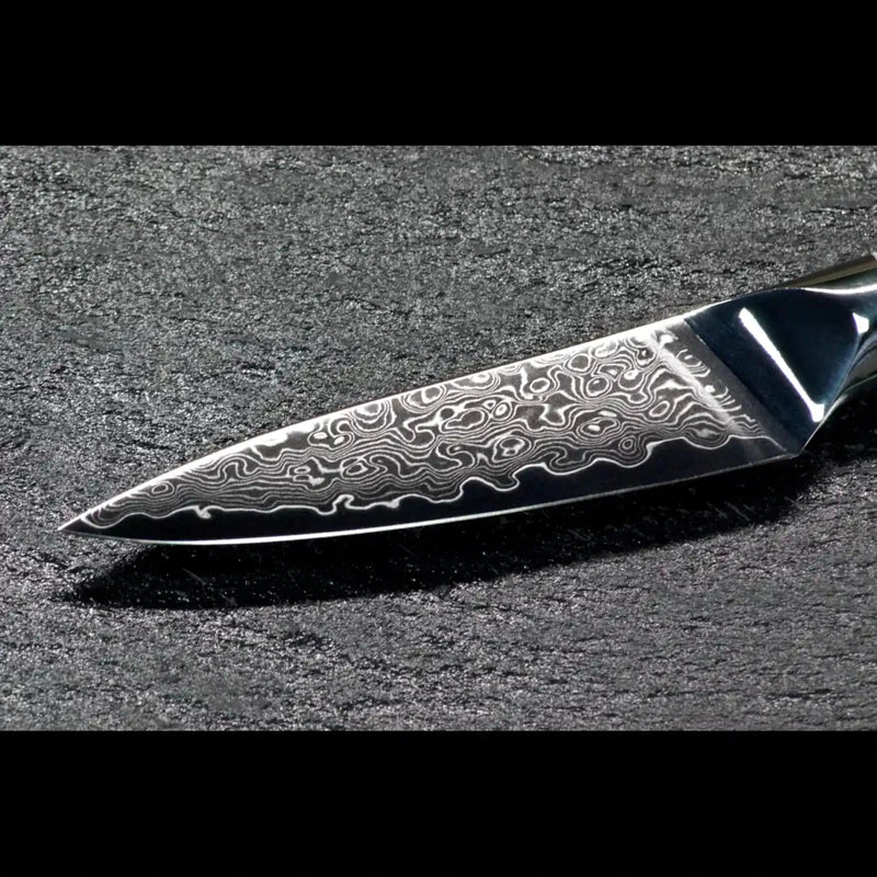 Glänzende silberfarbene Damastklinge des SKeld® Gemüsemessers mit feiner 67-lagiger Damaststruktur