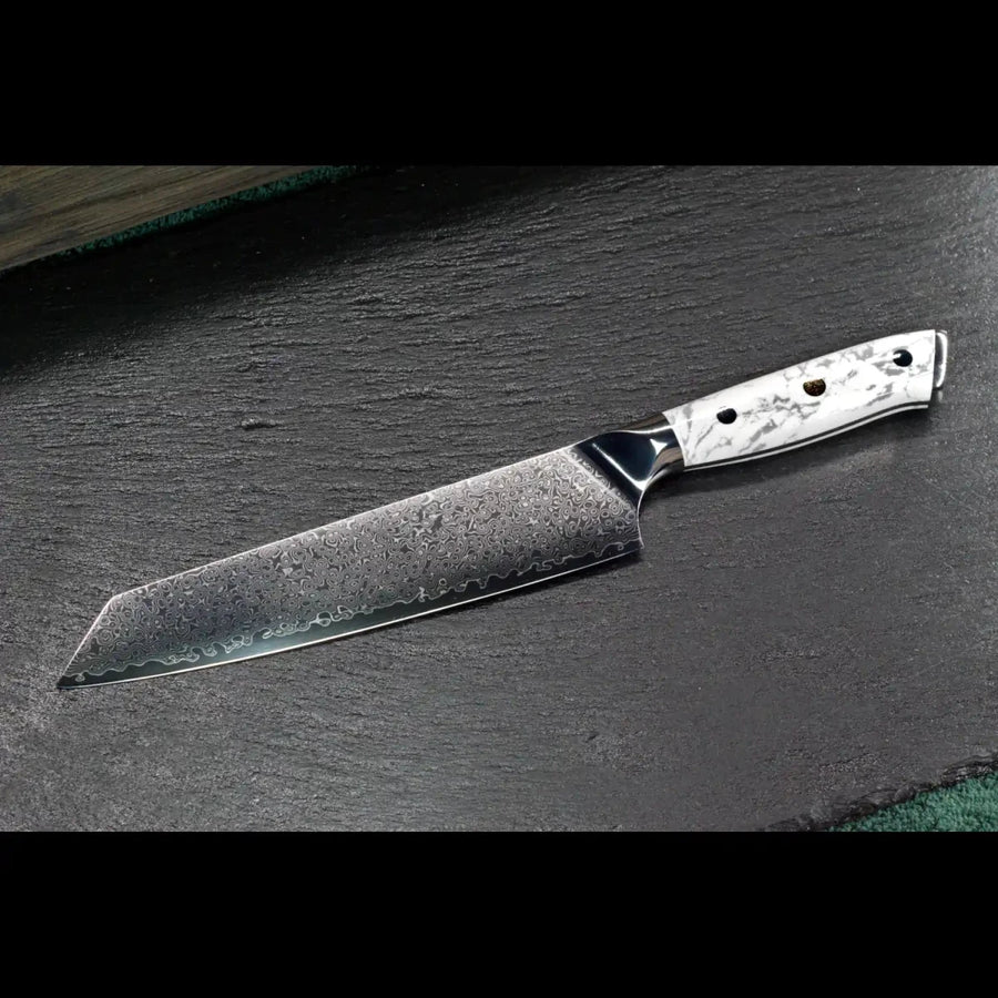 SKeld® Damast Kiritsukemesser 21 cm mit silberfarbener Damastklinge und weißem Howlith-Mineralgriff