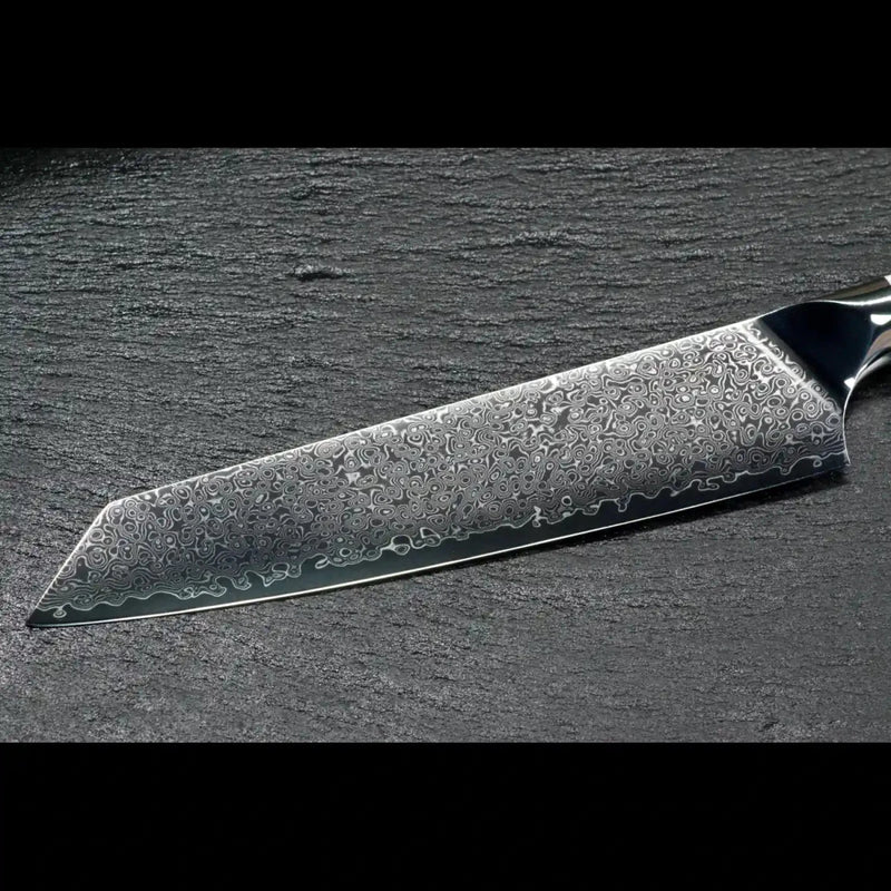 21 cm lange silberfarbene Damastklinge des SKeld® Kiritsukemessers mit feiner 67-lagiger Damaststruktur