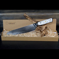 Damast Kochmesser 21 cm mit weißem Howlith-Mineralgriff in SKeld® Geschenkbox mit Holzwolle
