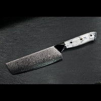 Damast Nakirimesser 17 cm mit weißem Howlith-Mineralgriff und silberfarbener Damastklinge