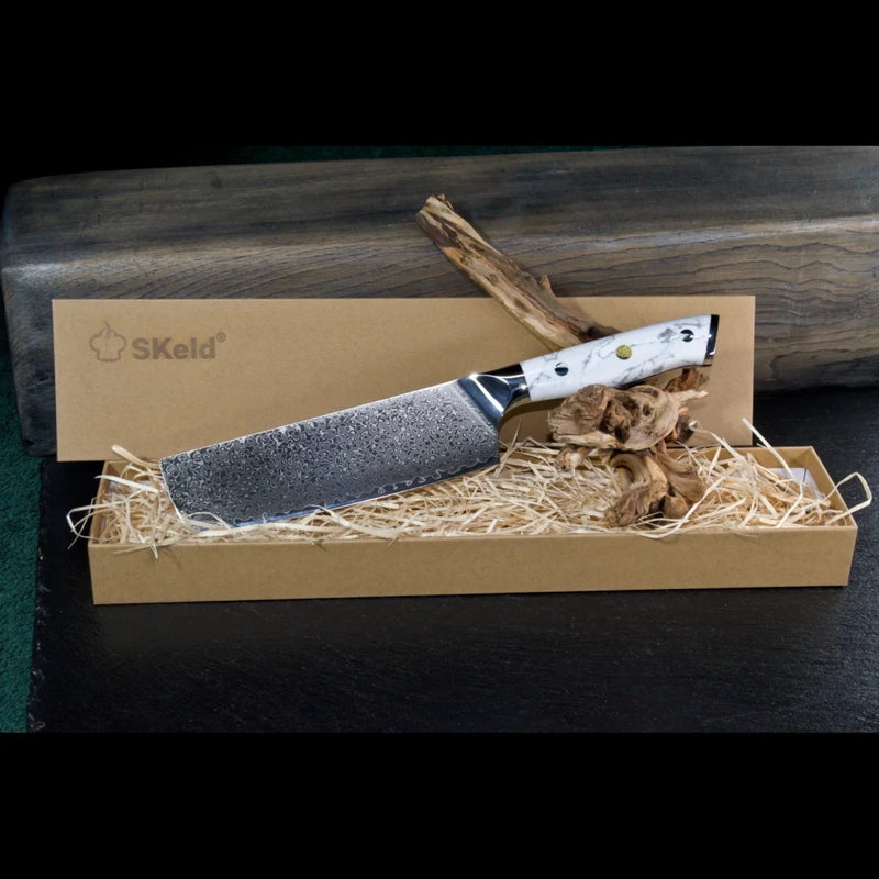 Damast Nakirimesser mit weißem Howlith-Mineralgriff in SKeld® Geschenkbox mit Holzwolle-Polsterung