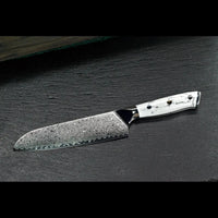 Damast Santokumesser 18 cm mit weißem Howlith-Mineralgriff und VG10 Kernstahl