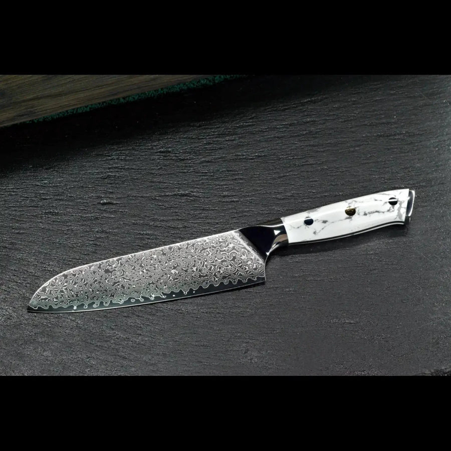 Damast Santokumesser 18 cm mit weißem Howlith-Mineralgriff und VG10 Kernstahl