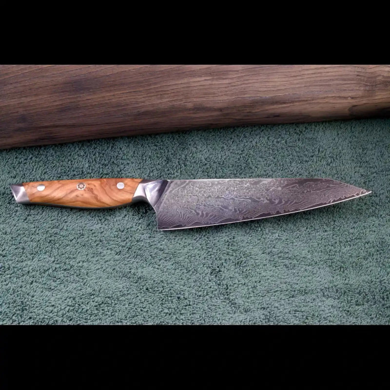Damast Kiritsukemesser mit VG10 Kernstahl und Olivenholzgriff von SKeld®